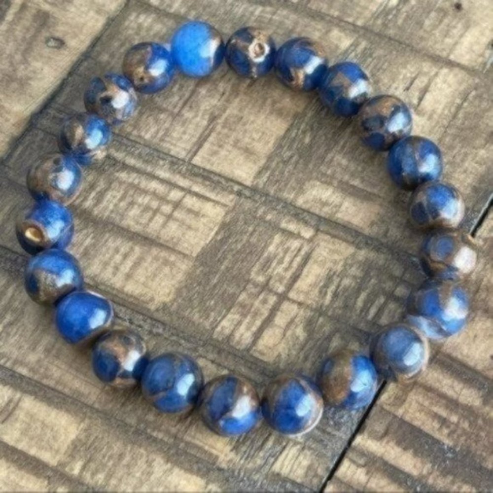 8mm Royal Blue Opal Bronzite Stretch Bracelet - Picture 6 of 6